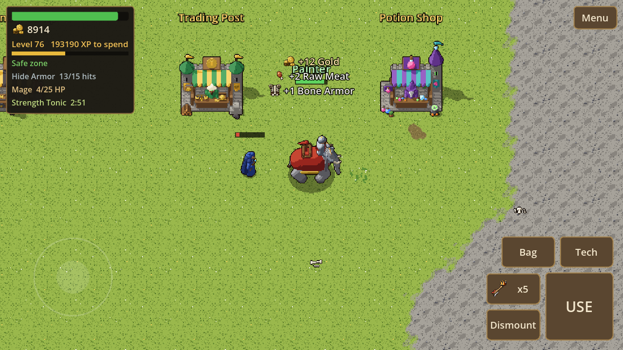 Primal Man: a knight riding an armored elephant past the Trading Post and Potion Shop