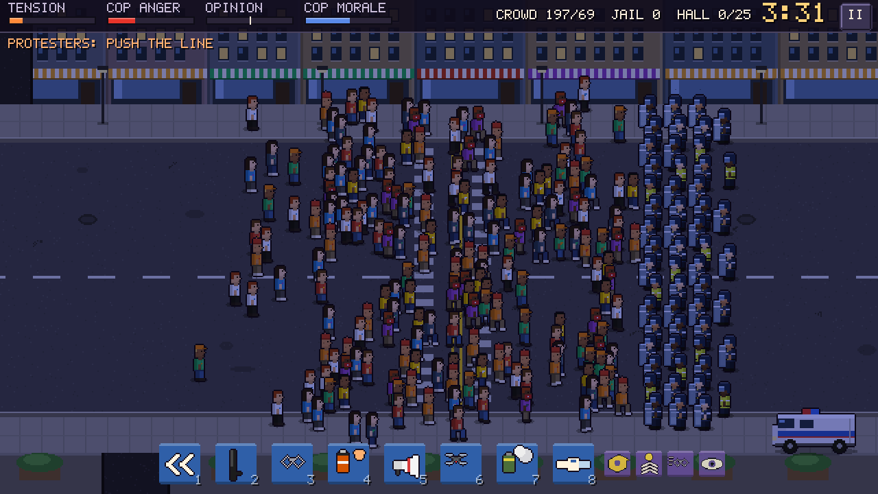 RIOT: a huge crowd faces a police line downtown at night