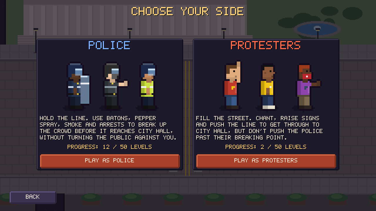 RIOT: the Choose Your Side screen with police and protester cards
