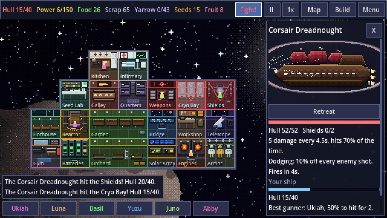Space Fruit combat: a Corsair Dreadnought firing on the player's ship